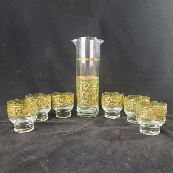 Vintage Culver Signed 24K Gold Green Toledo Cocktail Martini Pitcher & 6 Glasses - Picture 11 of 15